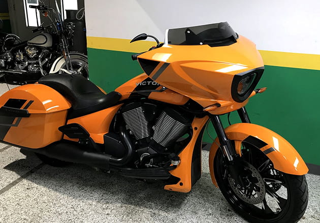 Victory motorcycle crash damage repair and respray